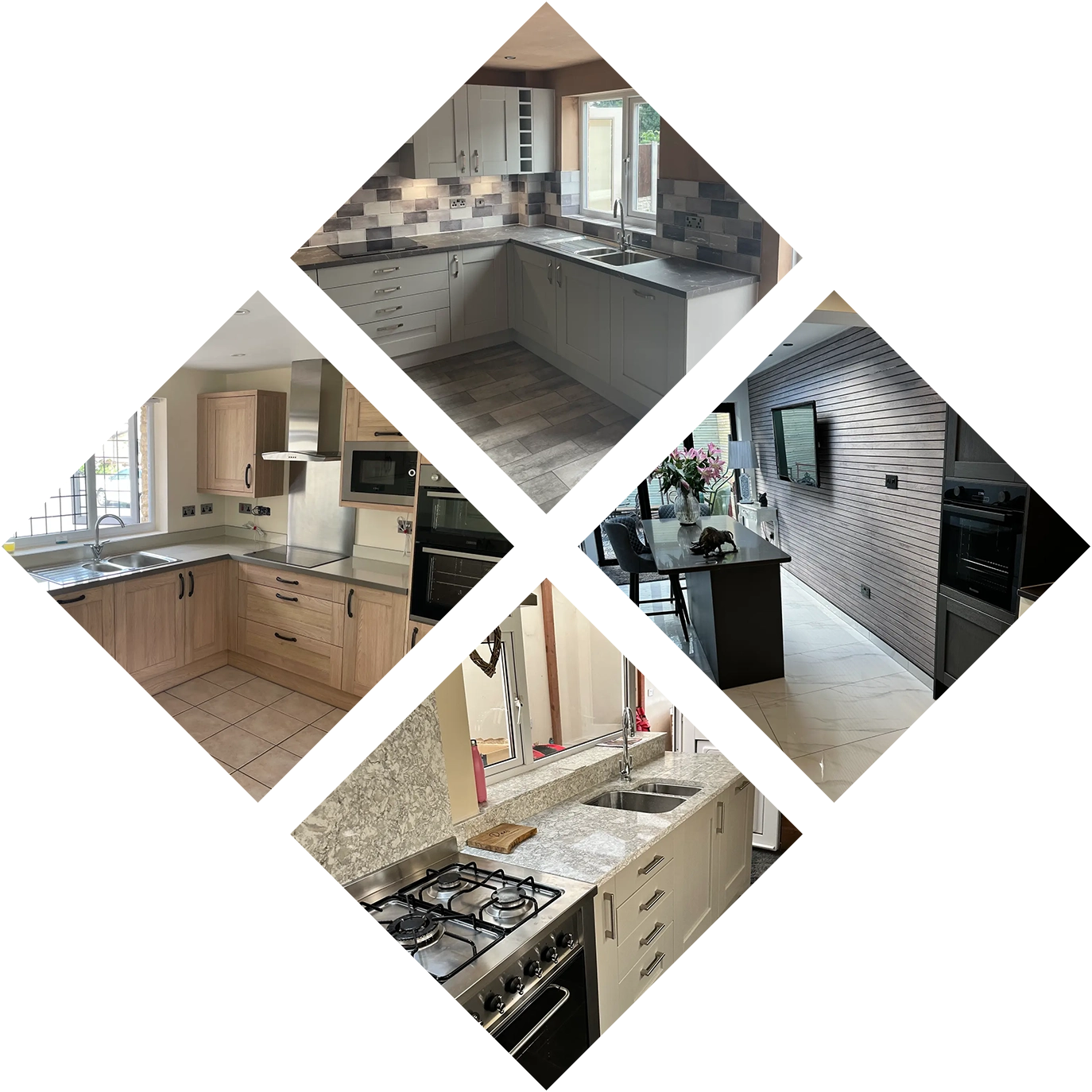 Collage of four modern kitchen designs featuring various styles, including tiled backsplashes, stainless steel appliances, and contemporary cabinetry. Each kitchen showcases different layouts and materials.