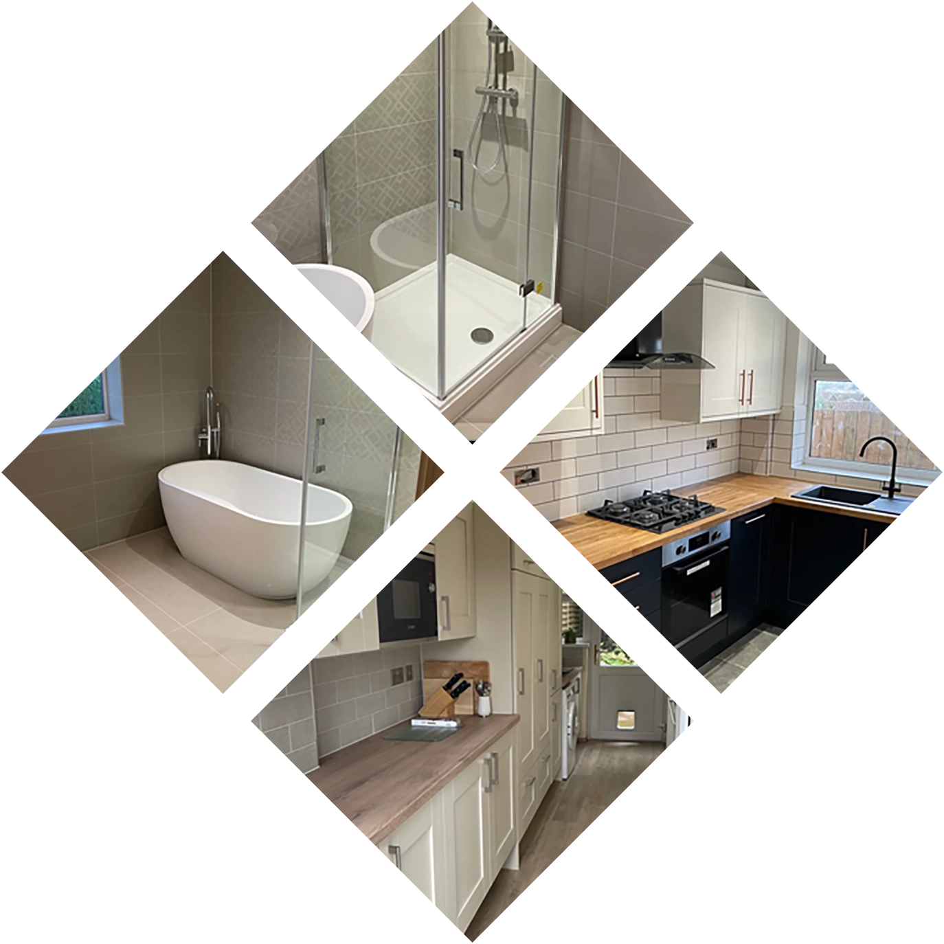 Collage of a modern home interior: includes a bathroom with a bathtub and a shower, and two images of a kitchen with white cabinets, a gas stove, wooden countertops, and a tiled backsplash.